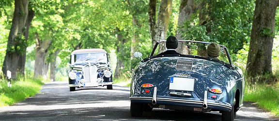 Zwei Oldtimer fahren im Sommer eine Allee entlang